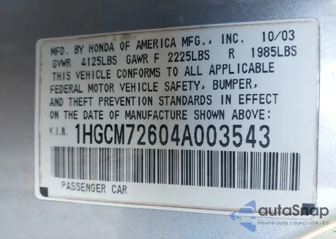 2004 Honda Accord 2.4 Ex from USA, damaged, VIN 1HGCM72604A003543